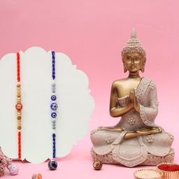 Aapno Rajasthan Set Of 2 Beaded Evil Eye Thread Rakhis With Buddha Idol & Roli Rice Card-image-46