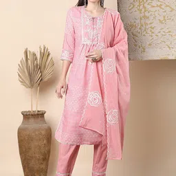 FASHOR Floral Printed Tie-Up Neck Pure Cotton Straight Kurta & Trousers With Dupatta-image-15