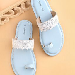Earthy Touch Premium Slip On Ethnic Wear Mojaris with Lace - Blue-image-76
