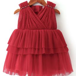 Babyhug Sleeveless Party Wear Frilled Dress With Pearl Detailing & Foil Print - Red-image-18