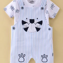Child World Interlock Cotton Knit Dungarees Tiger Print with Half Sleeves T-Shirt- White & Sky Blue-image-29