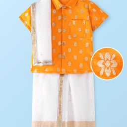 EARTHY TOUCH Viscose Woven Half Sleeves Foil Printed Shirt & Lungi With Sequinned Detailing - Yellow-image-99