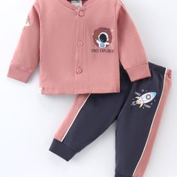 CUCUMBER Sinker Knit Full Sleeves Front Open Night Suit with Astronaut Print - Pink-image-20