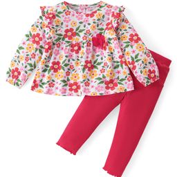 Babyhug Cotton Knit Full Sleeves Floral Printed Frill Detailed Top & Leggings Set - Red & White-image-19