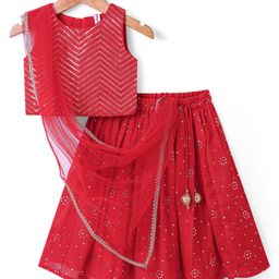 Babyhug Woven Sleeveless Foil Work &Sequin Embroidered Choli Lehenga Set with Dupatta - Red-image-129