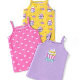 Babyhug 100% Cotton Knit Singlet Sleeves Hearts & Ice Cream Printed Slips Pack of 3 - Purple Yellow & Pink-image-52