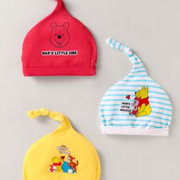 Babyhug Disney Interlock Knit Knot Caps with Stripes & Winnie the Pooh Graphics Pack of 3 Red Blue & Yellow - Diameter 18 cm-14