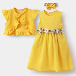 Mark & Mia Sleeveless Cotton Solid Dress & Cap Sleeves Shrug With Floral Corsage & Headband - Yellow-5
