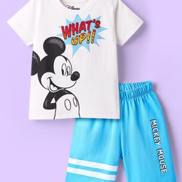 Babyhug Disney Single Jersey Knit Half Sleeves Shorts Night Suit With Mickey Mouse Graphic - White & Light Blue-image-74