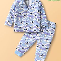 Babyoye Single Jersey Knit Full Length Co-ords Night Suit With Birds Print - Blue-image-51