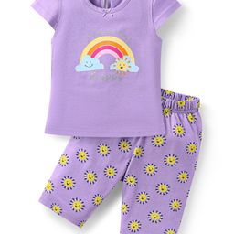 Babyhug Cotton Knit Half Sleeves Capri Nightsuit with Rainbow & Sun Print - Purple-image-96