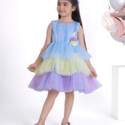 Ministitch Sleeveless Floral Applique Detailed Sequins Embellised Layered Dress - Sky Blue-image-5