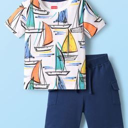 Babyhug Single Jersey Knit Half Sleeves T-Shirt & Shorts Set with Ship Print - Navy Blue & White-image-78