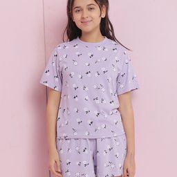Lil Tomatoes Cotton Jersey Knit Half Sleeves Floral Printed Coordinating Night Suit Set - Lilac-image-64