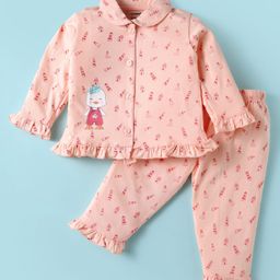 CUCUMBER Sinker Knit Full Sleeves Co-Ord Night Suit with Duckling Print & Frill Detailing - Peach-image-83