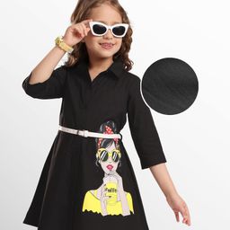 Hola Bonita Cotton Woven Three Fourth Sleeves Shirt Dress With Girl Print & Belt - Black-picture-29