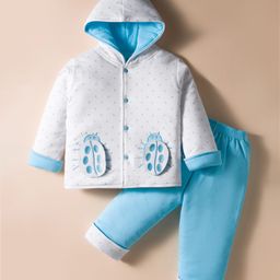 Child World Cotton Knit Full Sleeves Hooded Winter Wear Suit With Lady Bug Patch - Light Blue & White-picture-21