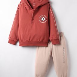 CUCUMBER Sinker Knit Full Sleeves Hooded T-Shirt & Lounge Pant Set With Text Print - Rust Orange-picture-49