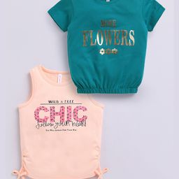 giniekids Cotton Knit Pack Of 2 Half Sleeves Typography & Floral Printed Tops - Green & Peach-image-90