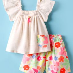 Twetoons Woven Flutter Sleeves Top & Shorts Set With Floral Print - Multicolour-image-31