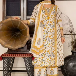 Anouk Floral Printed Bagru Pure Cotton Kurta with Palazzos & Dupatta-picture-51