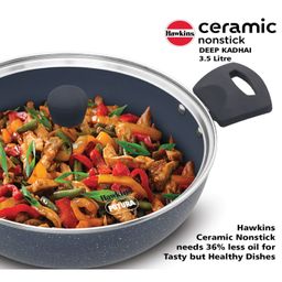 Hawkins Ceramic Nonstick 3.5 Litre Deep Kadhai Induction Deep Fry Pan with Glass Lid Granite Kadai - Black image 2