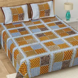 BED-SHEET.COM Blue & Mustard Printed 180 TC Cotton King Bedsheet Set 2.28 m x 2.74 m-image-69