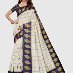 KSUT Off-White & Navy Printed Saree With Blouse-image-57
