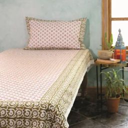 Fanusta Manzhar Off White & Green 200 TC Hand Block Printed Bed Sheet Set-image-28