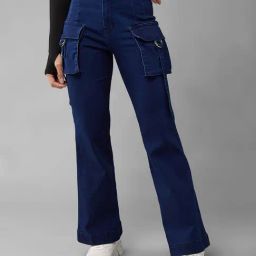 DOLCE CRUDO Dark Blue Denim Regular Fit High Rise Cargo Jeans-image-50