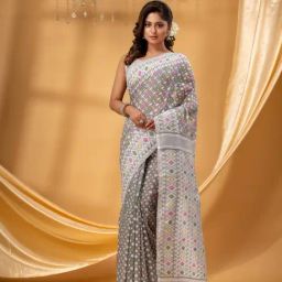 Desh Bidesh Grey Cotton Geometric Saree-image-56
