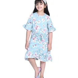 StyleStone Kids Sky Blue Floral Print Dress with Belt-image-26
