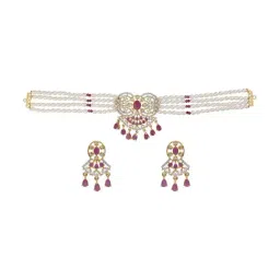 Sri Jagdamba Pearls Saumya Pearl White & Pink Alloy Necklace & Earring Set-image-69