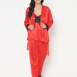 Curvy Love Red Lace Chemise With Pyjamas & Robe-image-28