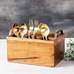Nestroots Solid Brown & Copper Teak Wood Cutlery Holder-20