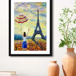 999Store Multicolor MDF Eiffel Tower with Lady Printed Paper Wall Painting - Set of 1 image 1