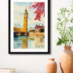 999Store Multicolor MDF Clock Tower Printed Paper Wall Painting - Set of 1 image 1