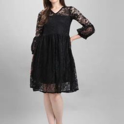 SELVIA Black Self Pattern A-Line Dress-image-20