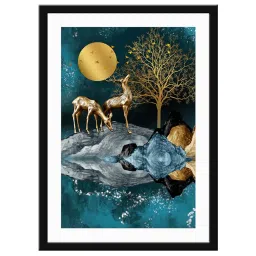 999Store Blue & Brown MDF Deer with Tree Printed Paper Wall Painting - Set of 1 image 2