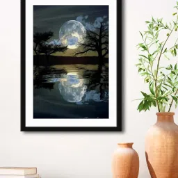 999Store Grey MDF Moon Night with River View Printed Paper Wall Painting - Set of 1 image 1
