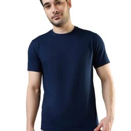 Park Avenue Dark Blue Cotton Blend Regular Fit Solid T-Shirt-image-87