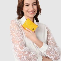 Caprese Ernesa Yellow Faux Leather Textured Tri-Fold Wallet-image-4