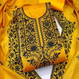 Women's Mustard Floral Embroidered Chanderi Silk Unstitched Dress Material-image-9