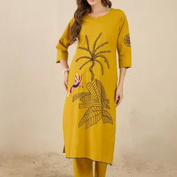 Indo Era Floral Embroidered Round Neck Thread Work Pure Cotton Straight Kurta & Trousers-image-41