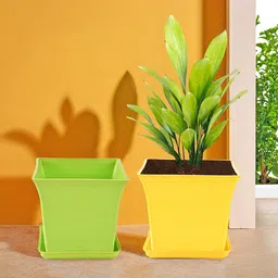Kuber Industries 2-Pcs Green & Yellow Premium Flower Pots for Garden withBottomPlates-96