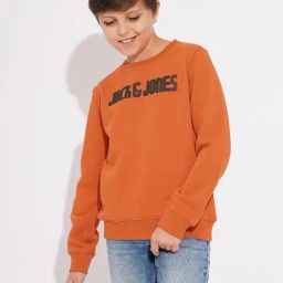 Jack & Jones Junior Boys Orange Cotton Blend Typography Sweatshirt-image-1