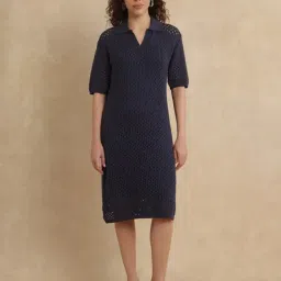 RAREISM Navy Cotton Solid Short Sleeves Dress-image-36