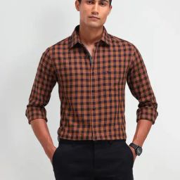 Ad By Arvind Orange Cotton Slim Fit Checks Shirts-image-82