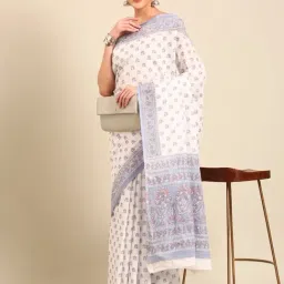 SHANVIKA White & Blue Pure Cotton Floral Print Saree Without Blouse Piece-image-6