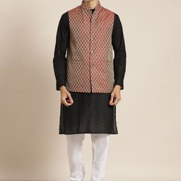 SOJANYA Men Black Chikankari Pure Cotton Kurta with Churidar & Nehru Jacket-picture-52